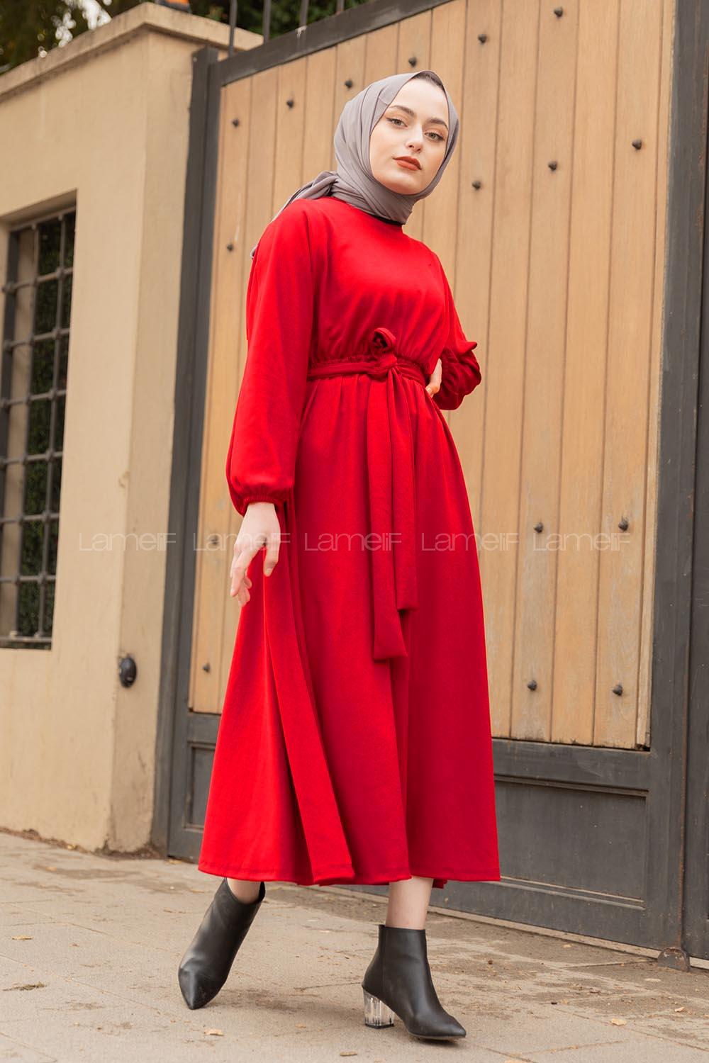 Modalamelif Yarasa Kol Kloş Etekli Mevlana Elbise Kırmızı
