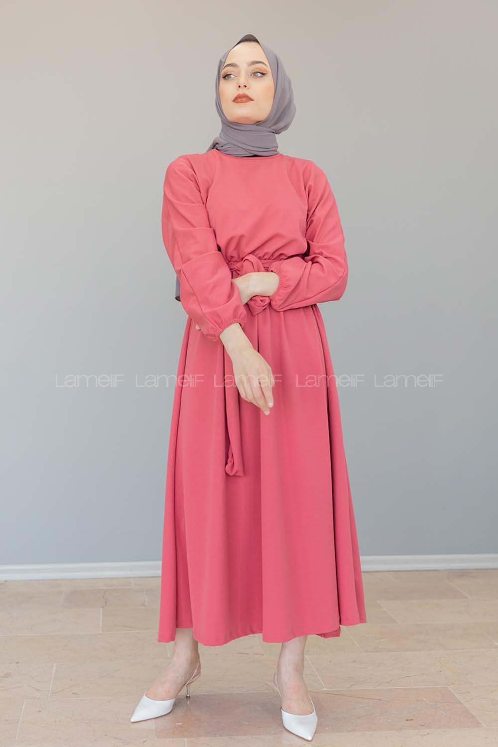 Modalamelif Yarasa Kol Kloş Etekli Mevlana Elbise Şeker Pembesi