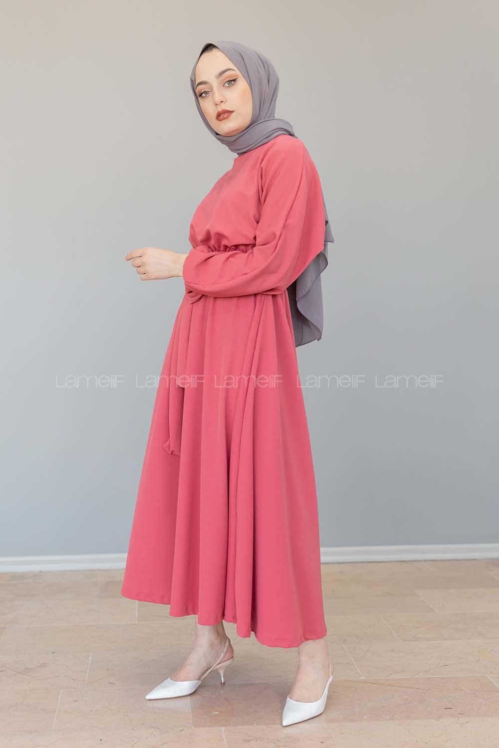 Modalamelif Yarasa Kol Kloş Etekli Mevlana Elbise Şeker Pembesi