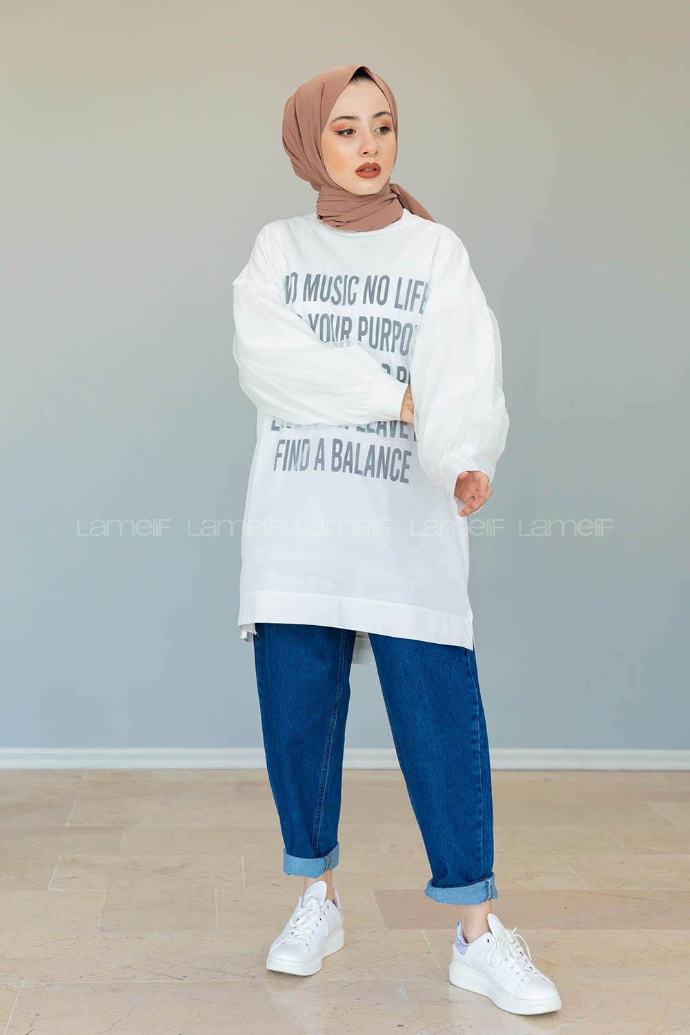 Modalamelif Balon Kol Yazı Baskılı Tunik  Beyaz