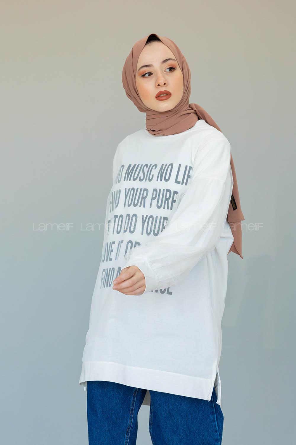 Modalamelif Balon Kol Yazı Baskılı Tunik  Beyaz