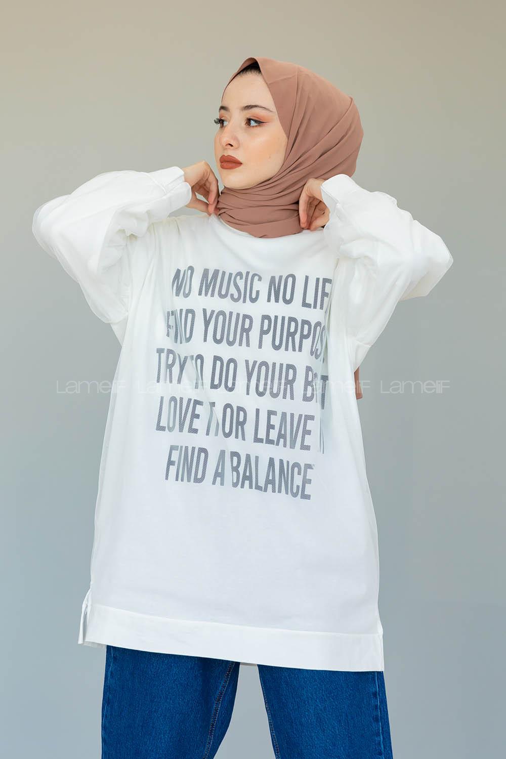 Modalamelif Balon Kol Yazı Baskılı Tunik  Beyaz