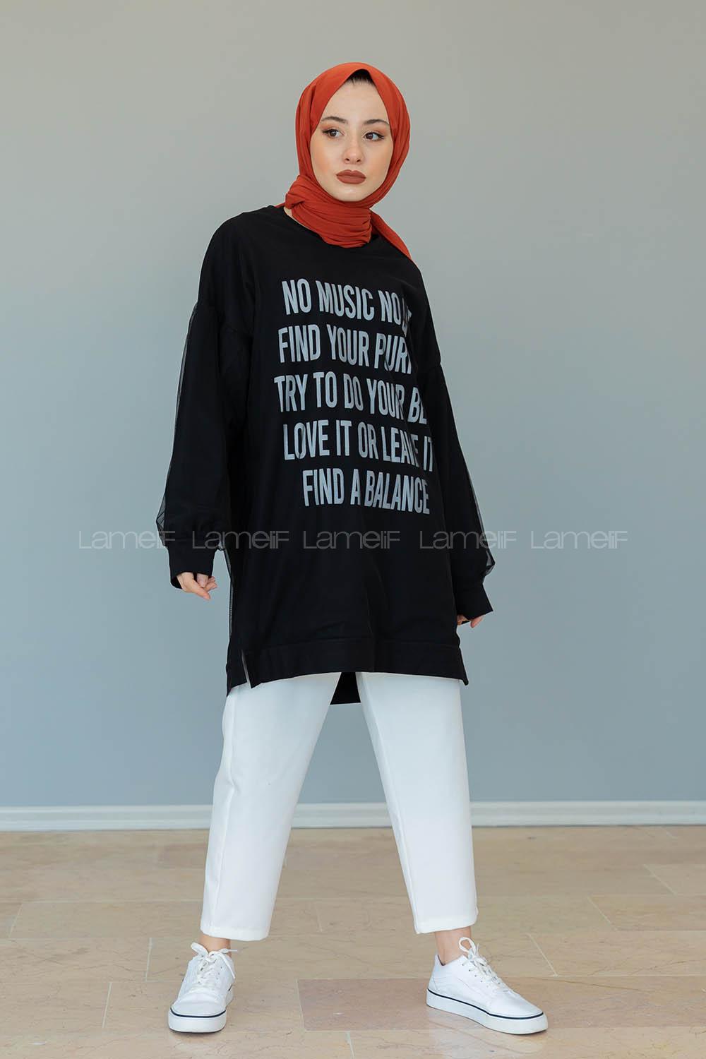 Modalamelif Balon Kol Yazı Baskılı Tunik  Siyah