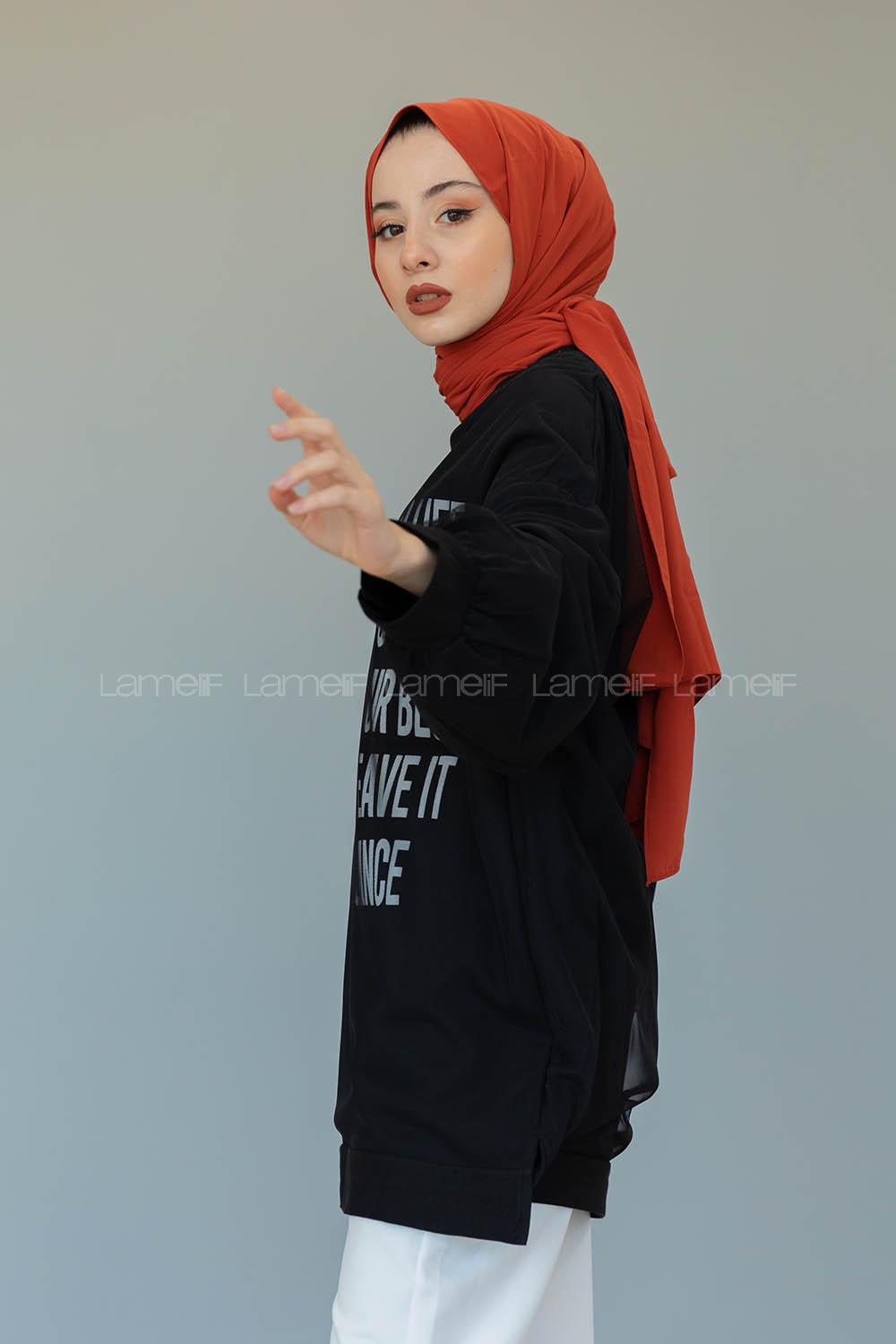 Modalamelif Balon Kol Yazı Baskılı Tunik  Siyah