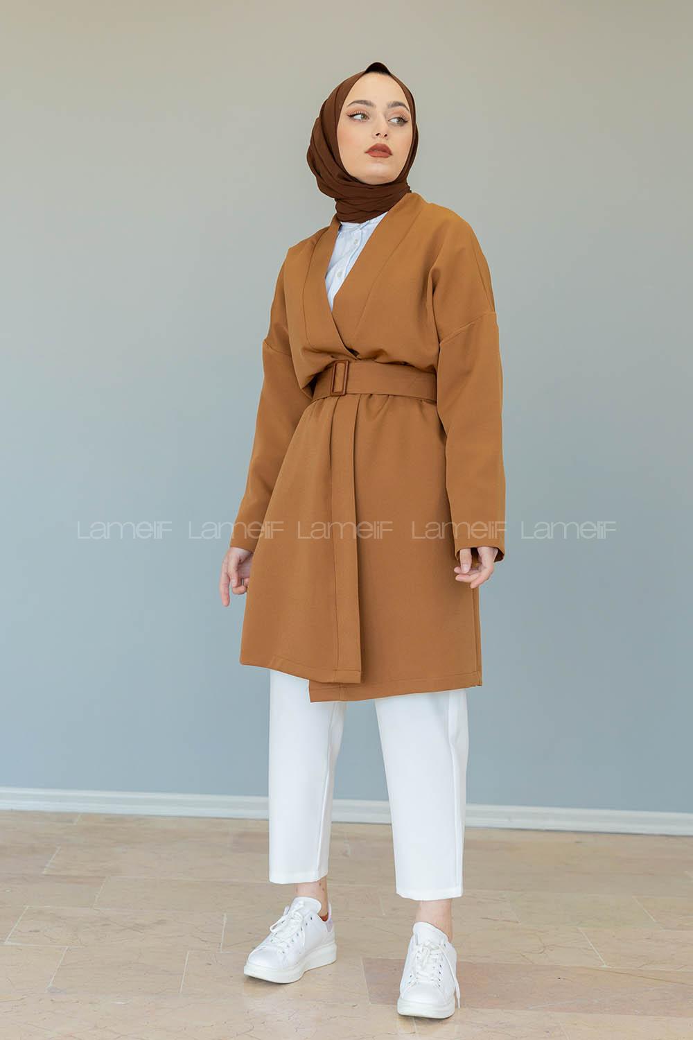 Modalamelif Çift Cepli Kemerli Kimono Taba