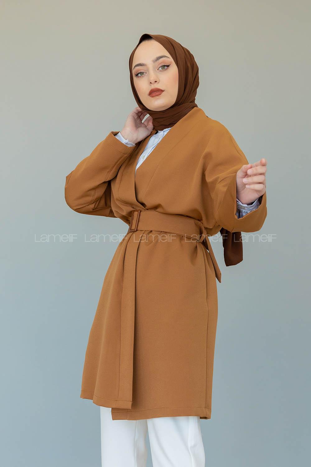 Modalamelif Çift Cepli Kemerli Kimono Taba