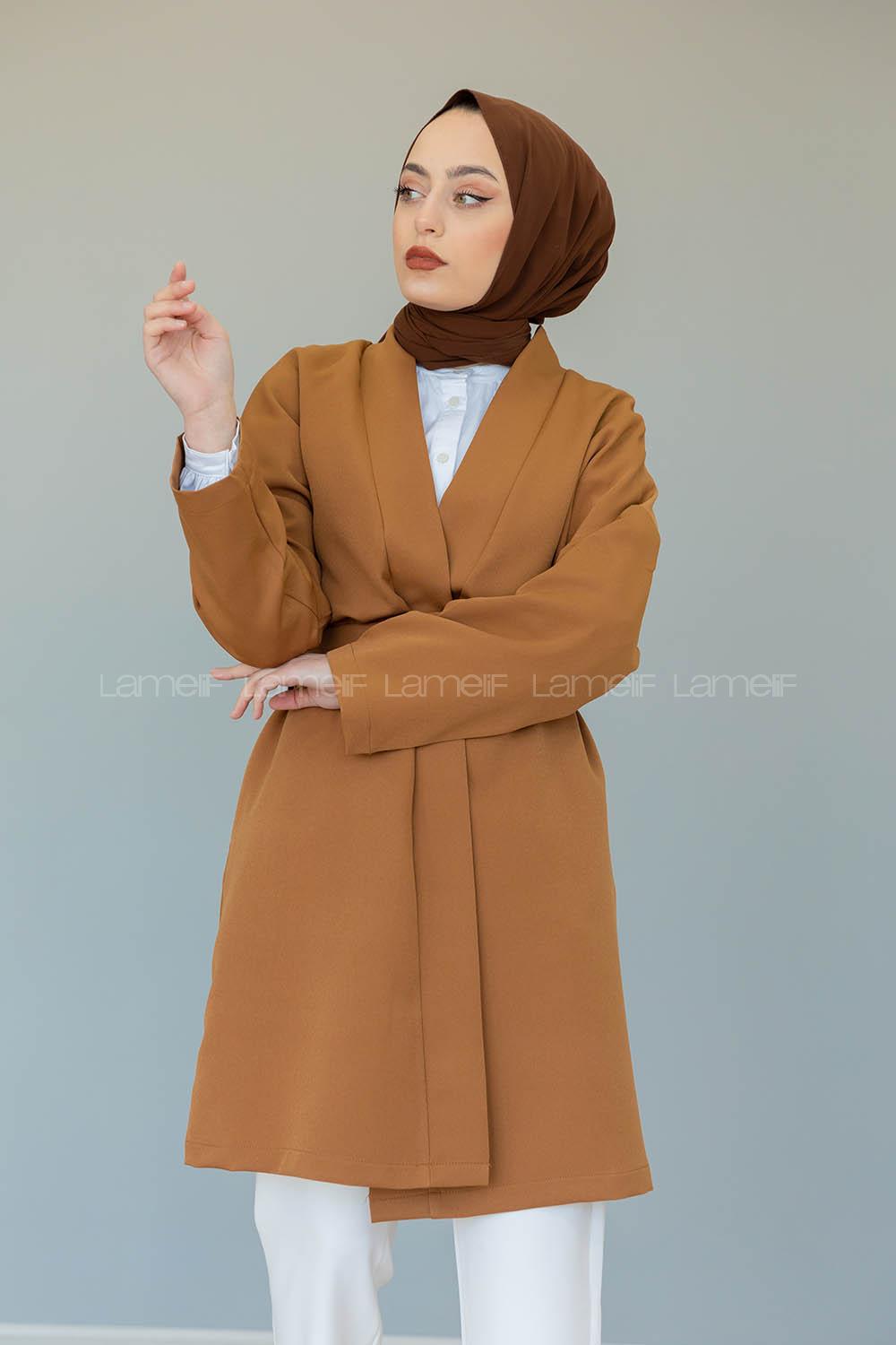 Modalamelif Çift Cepli Kemerli Kimono Taba