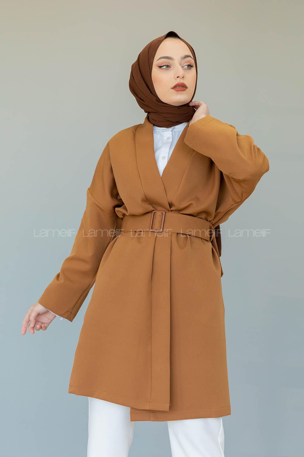 Modalamelif Çift Cepli Kemerli Kimono Taba