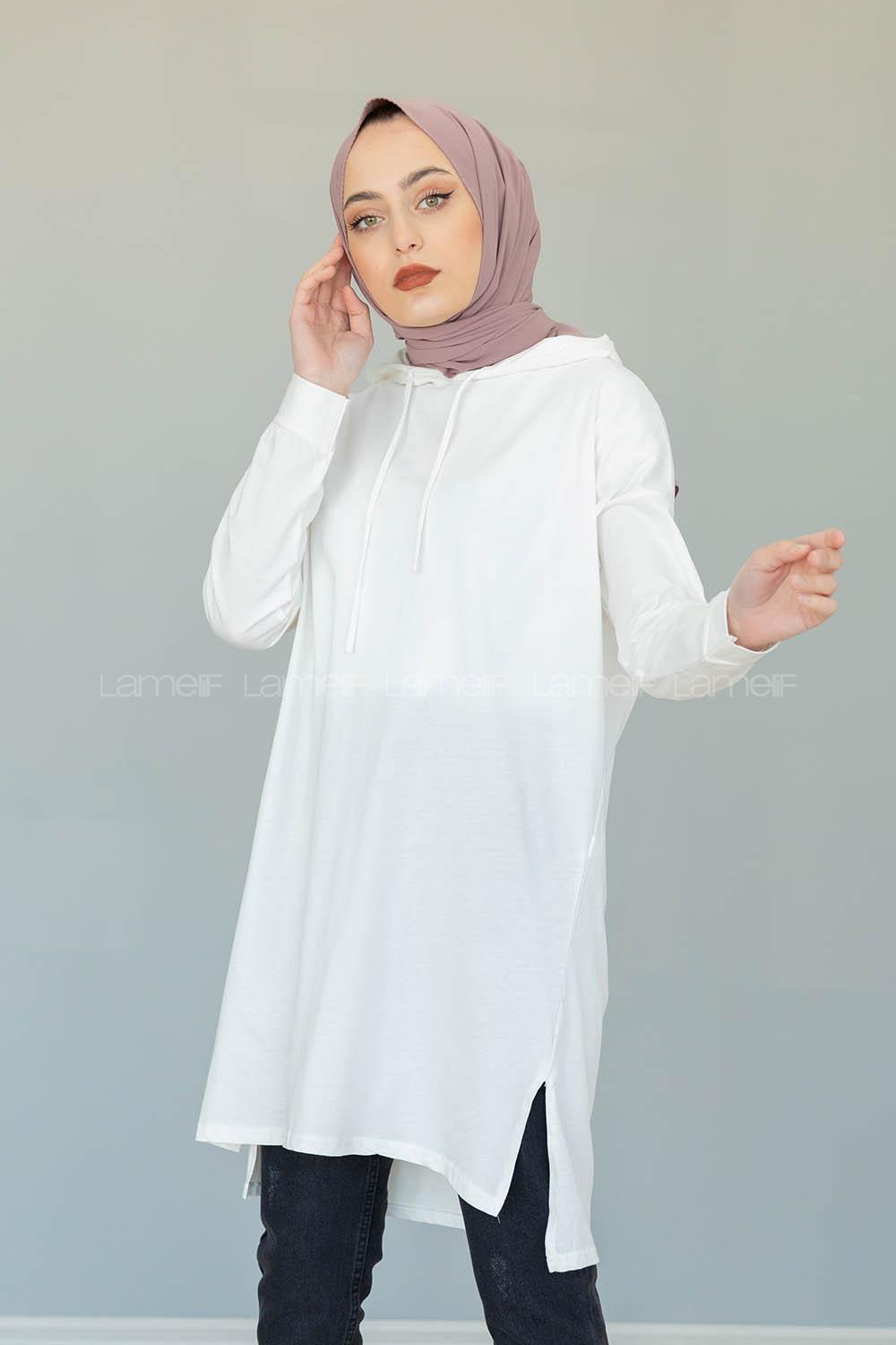 Modalamelif Kapşonlu Düz Renk Tunik  Beyaz