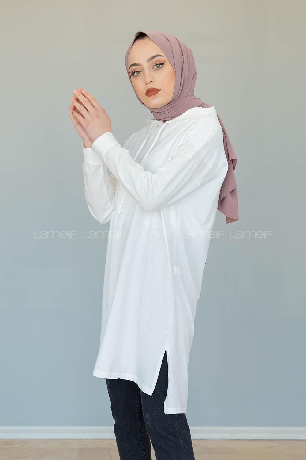 Modalamelif Kapşonlu Düz Renk Tunik  Beyaz