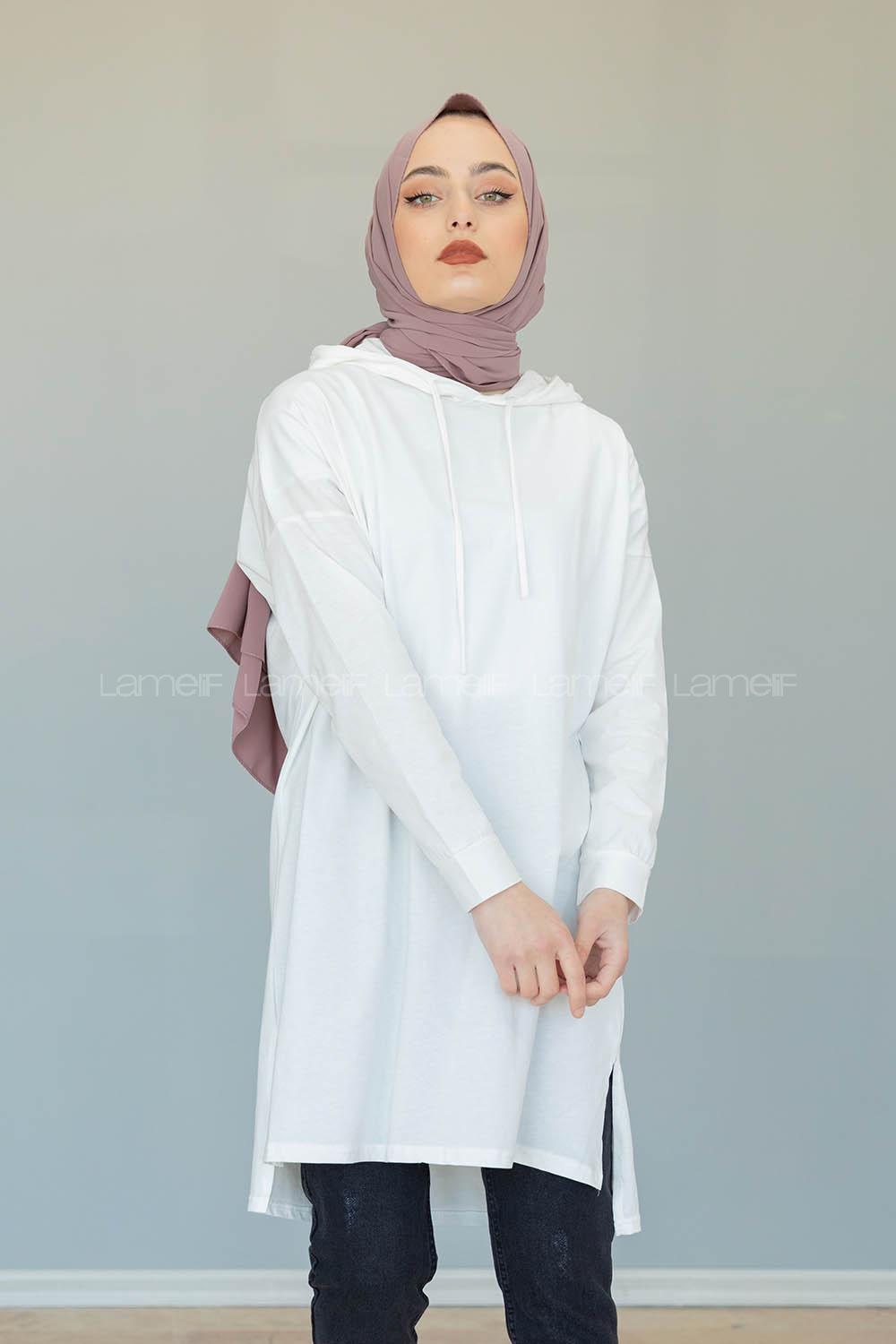 Modalamelif Kapşonlu Düz Renk Tunik  Beyaz