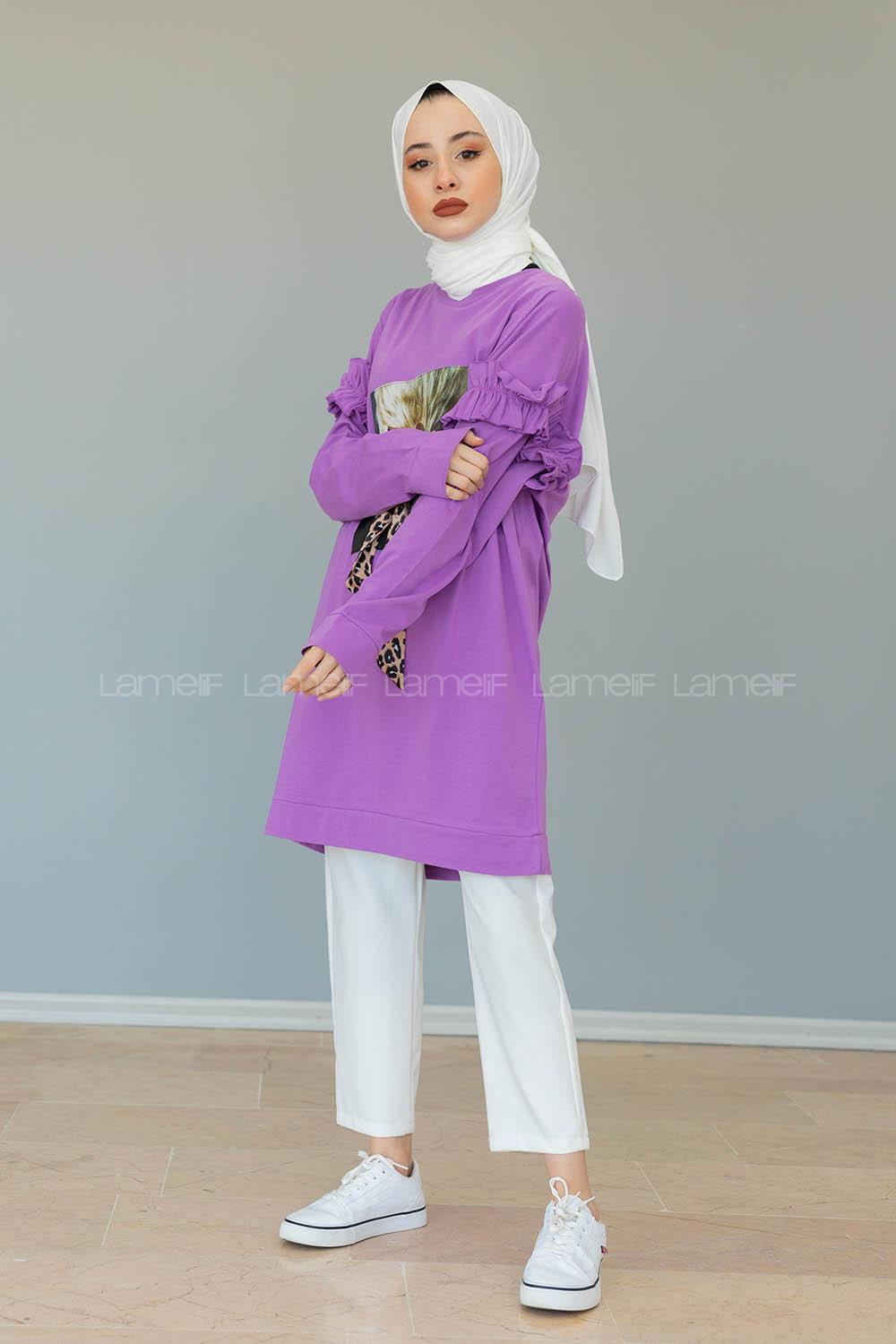 Modalamelif Omzu Fırfırlı Baskılı Sweat Lila