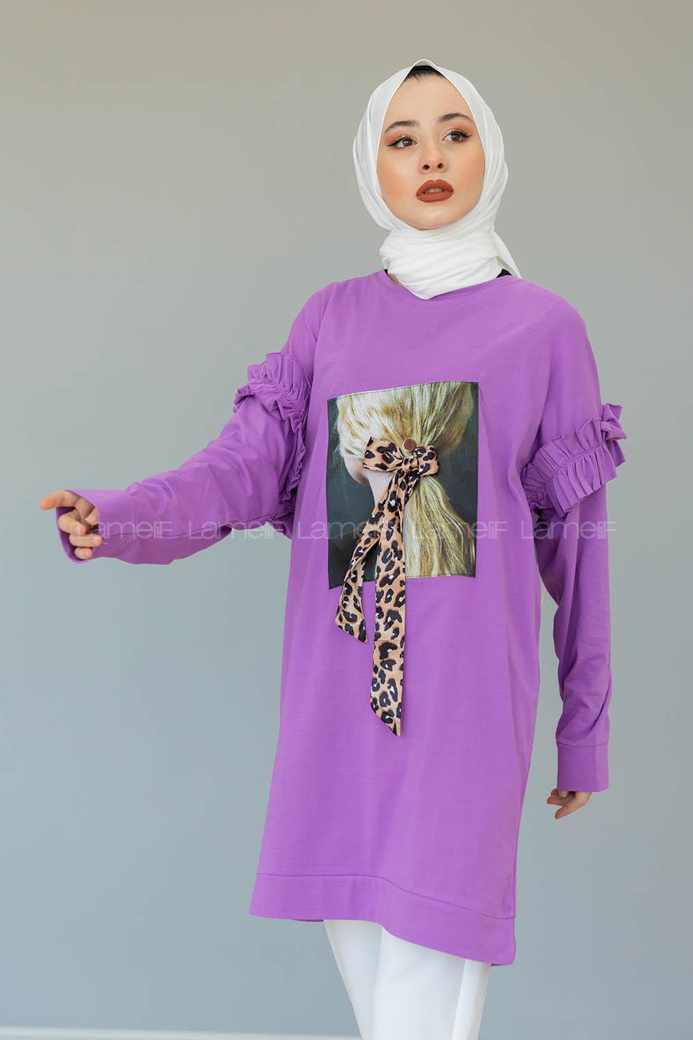 Modalamelif Omzu Fırfırlı Baskılı Sweat Lila