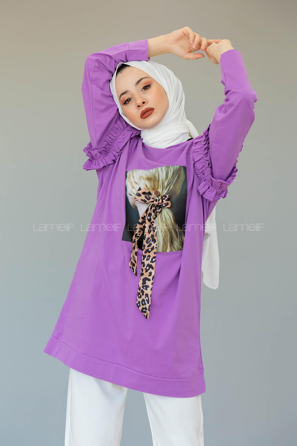 Modalamelif Omzu Fırfırlı Baskılı Sweat Lila