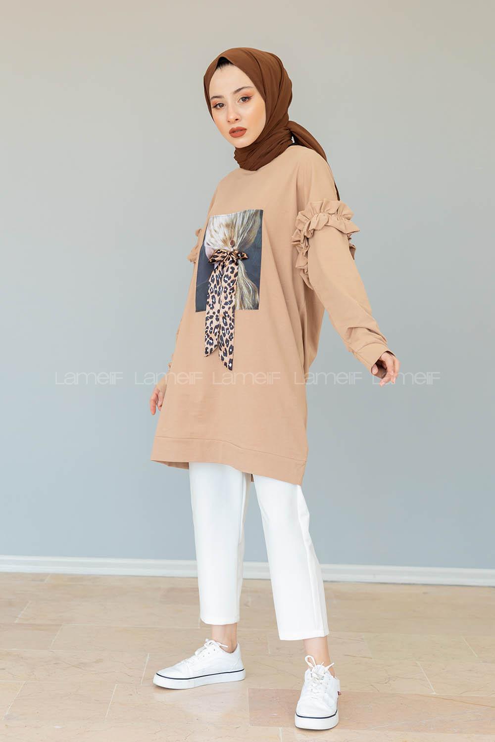 Modalamelif Omzu Fırfırlı Baskılı Sweat Sütlü Kahve