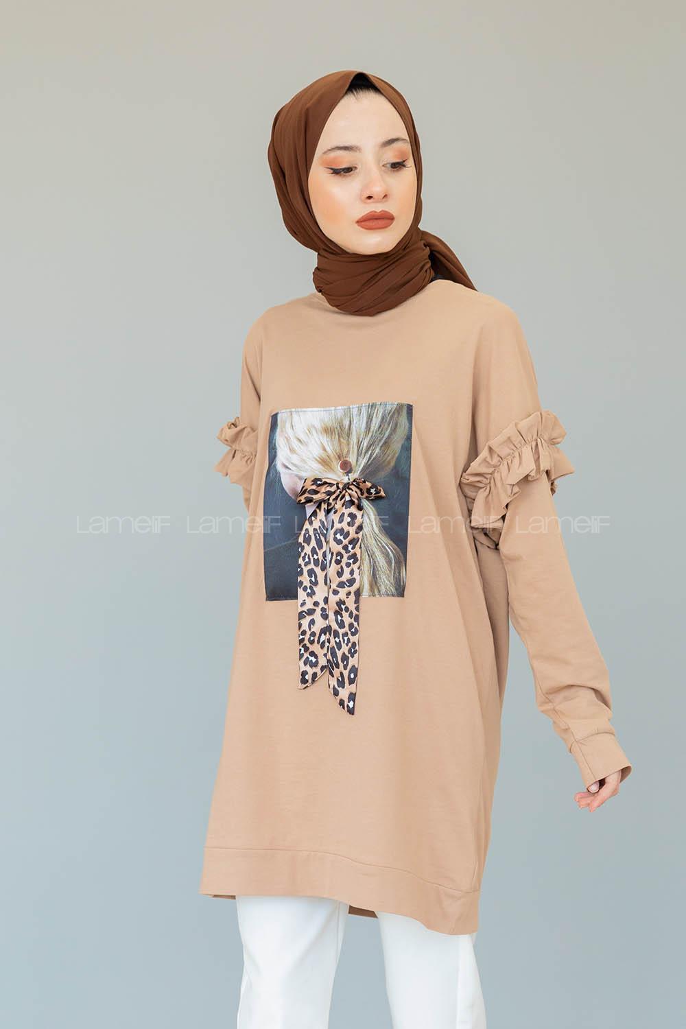 Modalamelif Omzu Fırfırlı Baskılı Sweat Sütlü Kahve