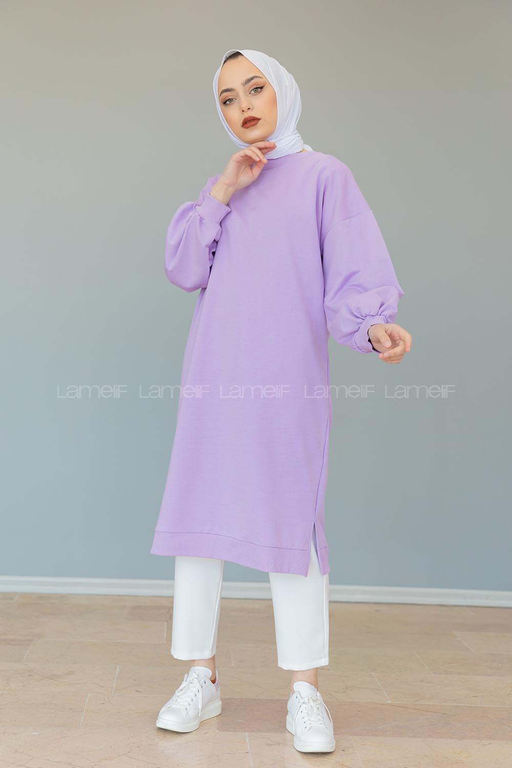 Modalamelif Balon Kol Düz Renk Sweat Lila