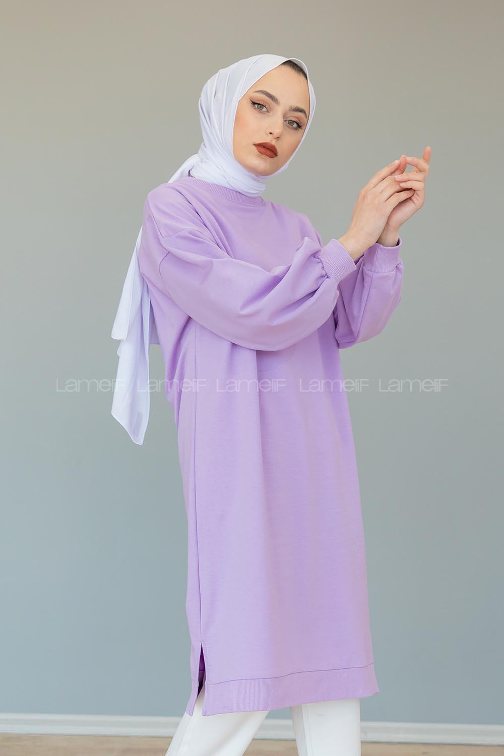 Modalamelif Balon Kol Düz Renk Sweat Lila