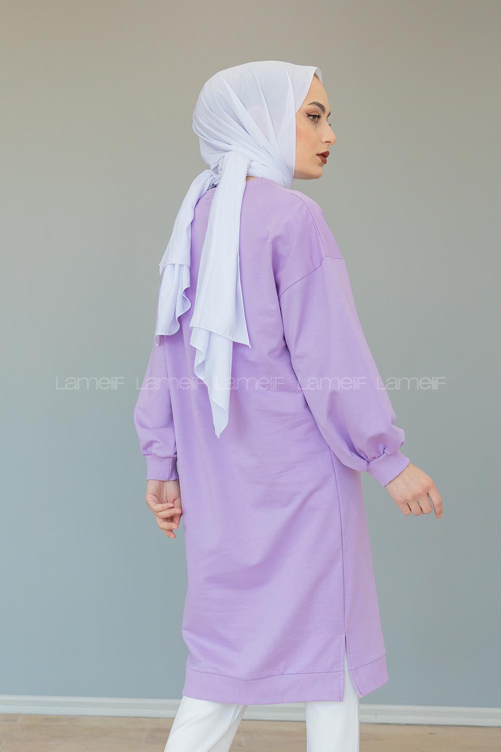 Modalamelif Balon Kol Düz Renk Sweat Lila