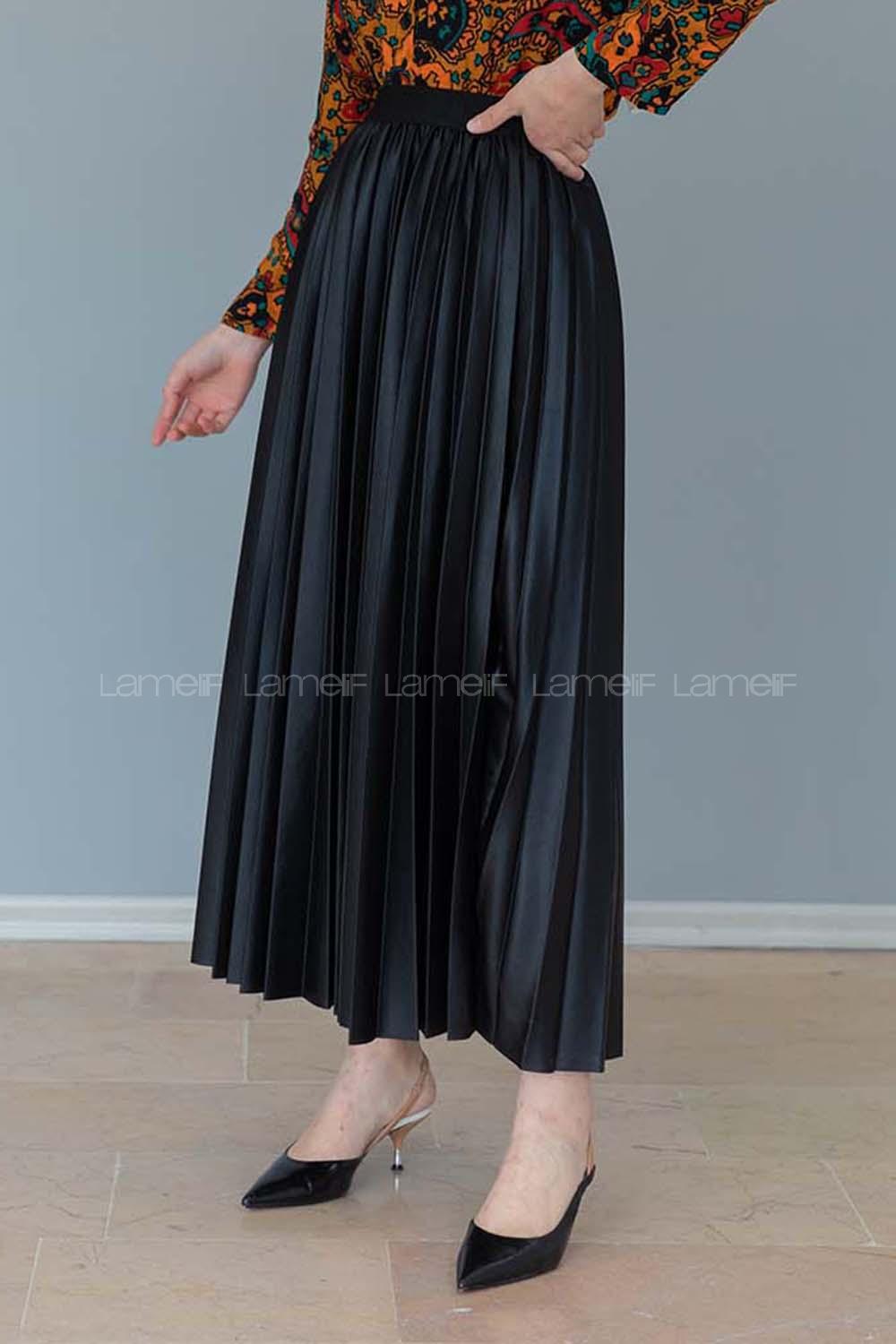 Modalamelif Beli Lastikli Deri Görünümlü Laklı Etek Siyah