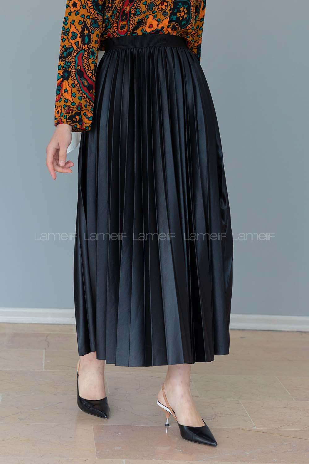 Modalamelif Beli Lastikli Deri Görünümlü Laklı Etek Siyah