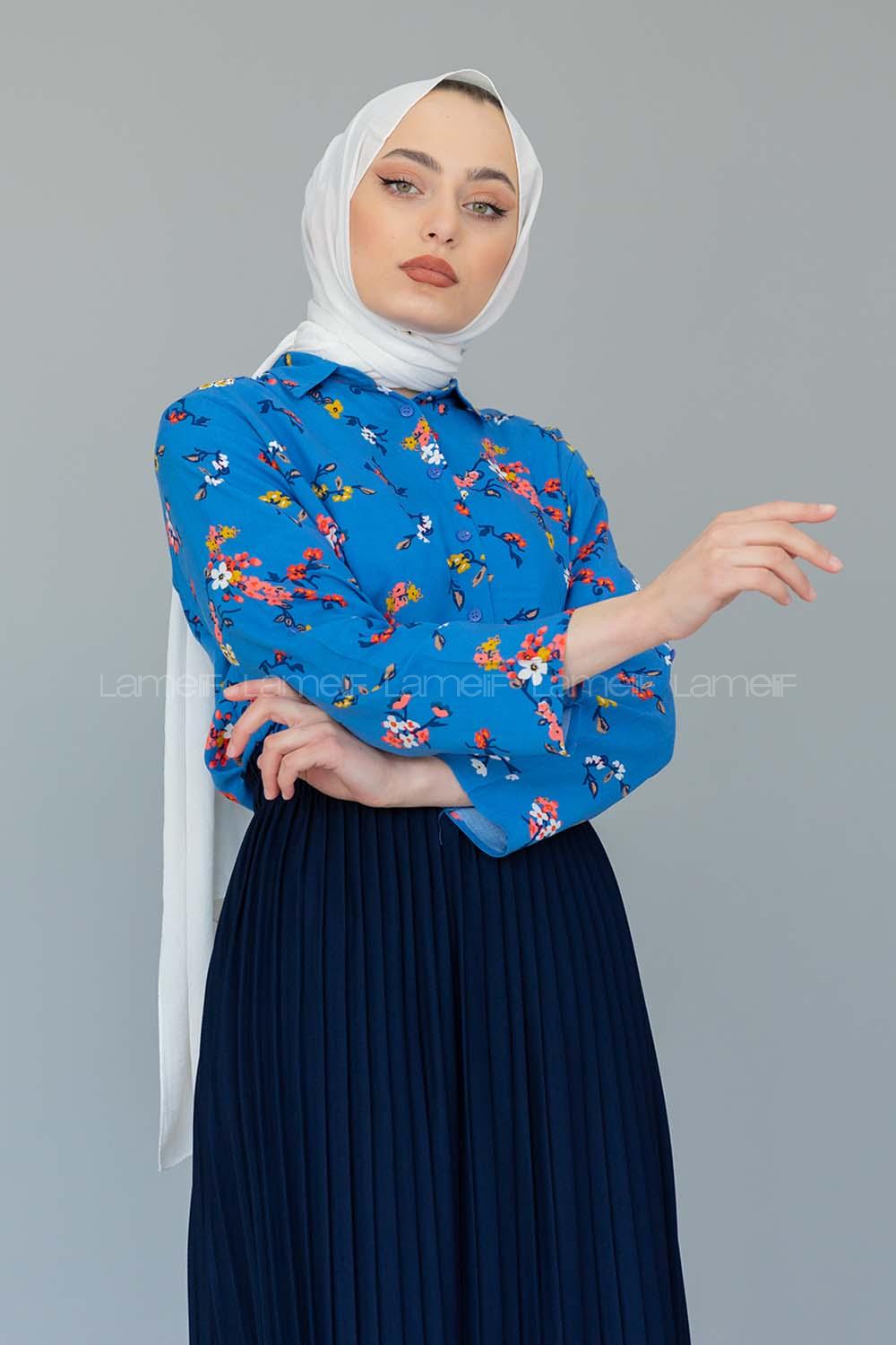 Modalamelif Çiçek Desen Gömlek Açık Mavi