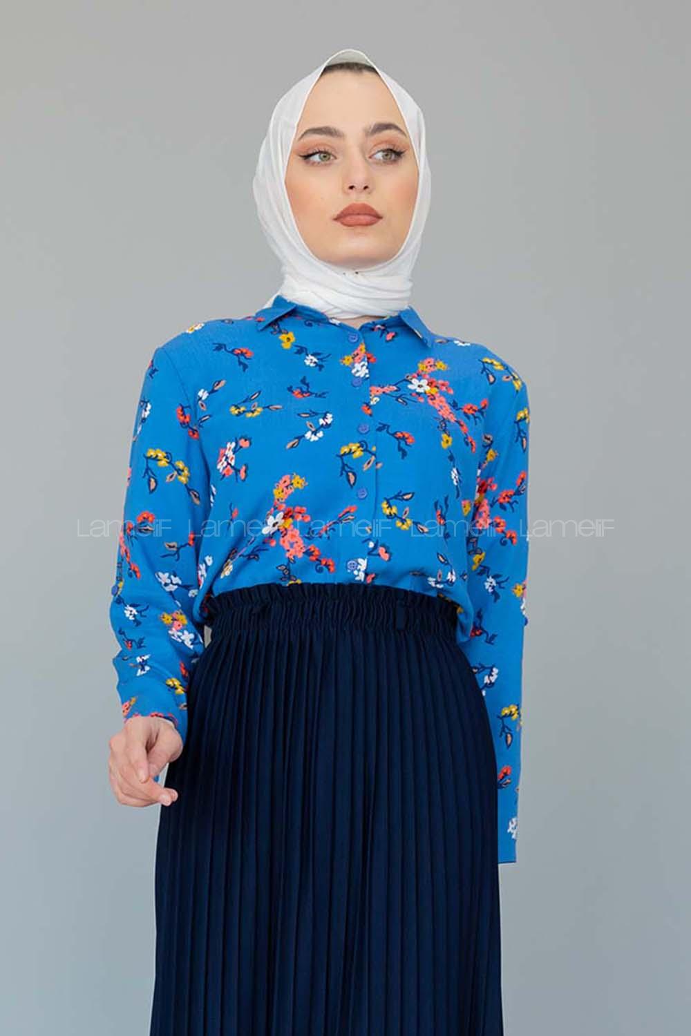 Modalamelif Çiçek Desen Gömlek Açık Mavi