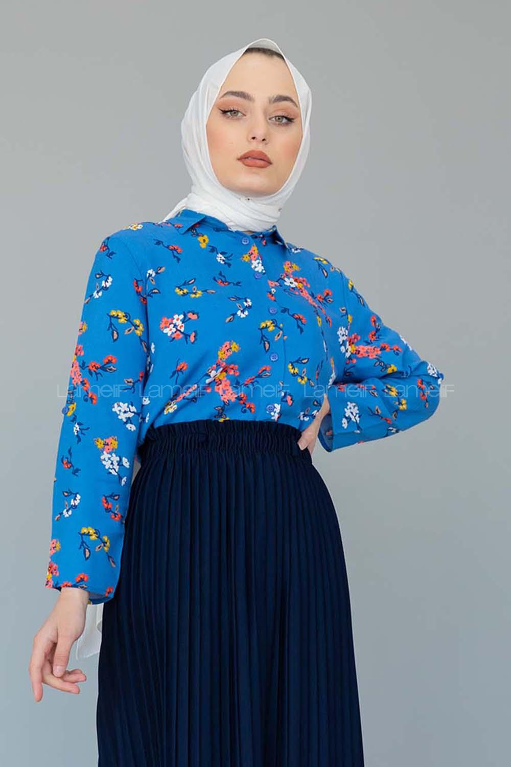 Modalamelif Çiçek Desen Gömlek Açık Mavi