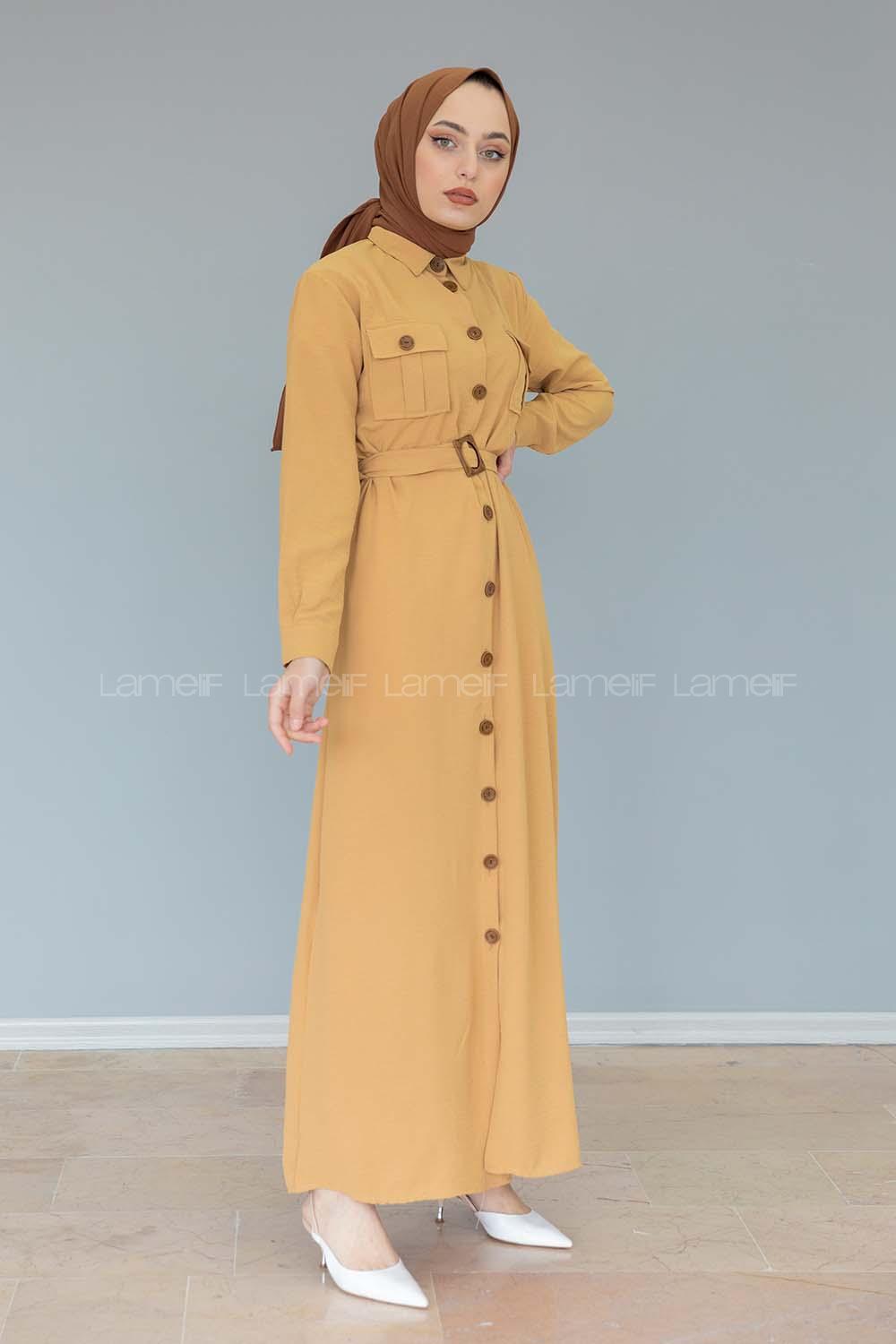 Modalamelif Çift Cepli Kemerli Ayrobin Elbise Camel