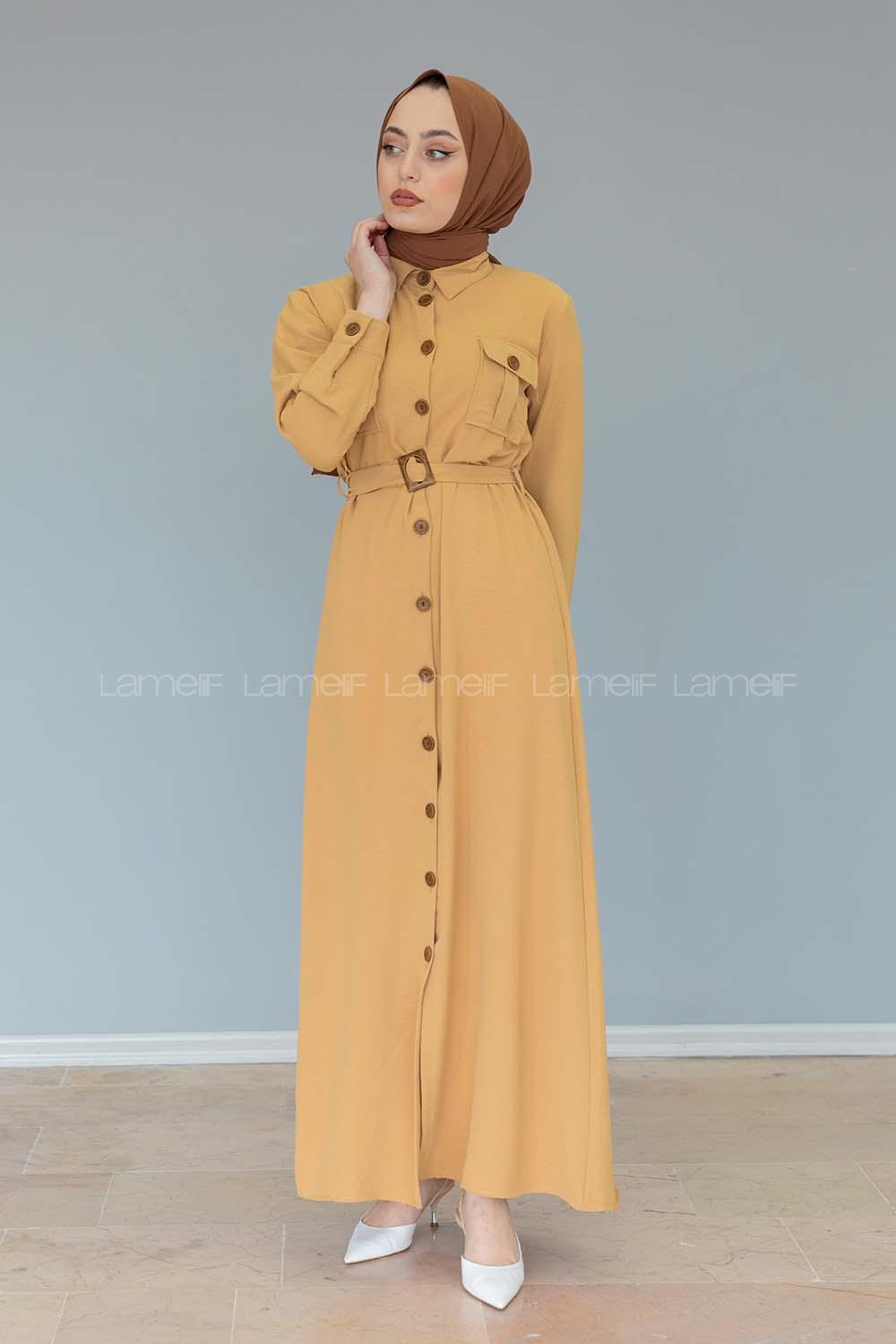 Modalamelif Çift Cepli Kemerli Ayrobin Elbise Camel