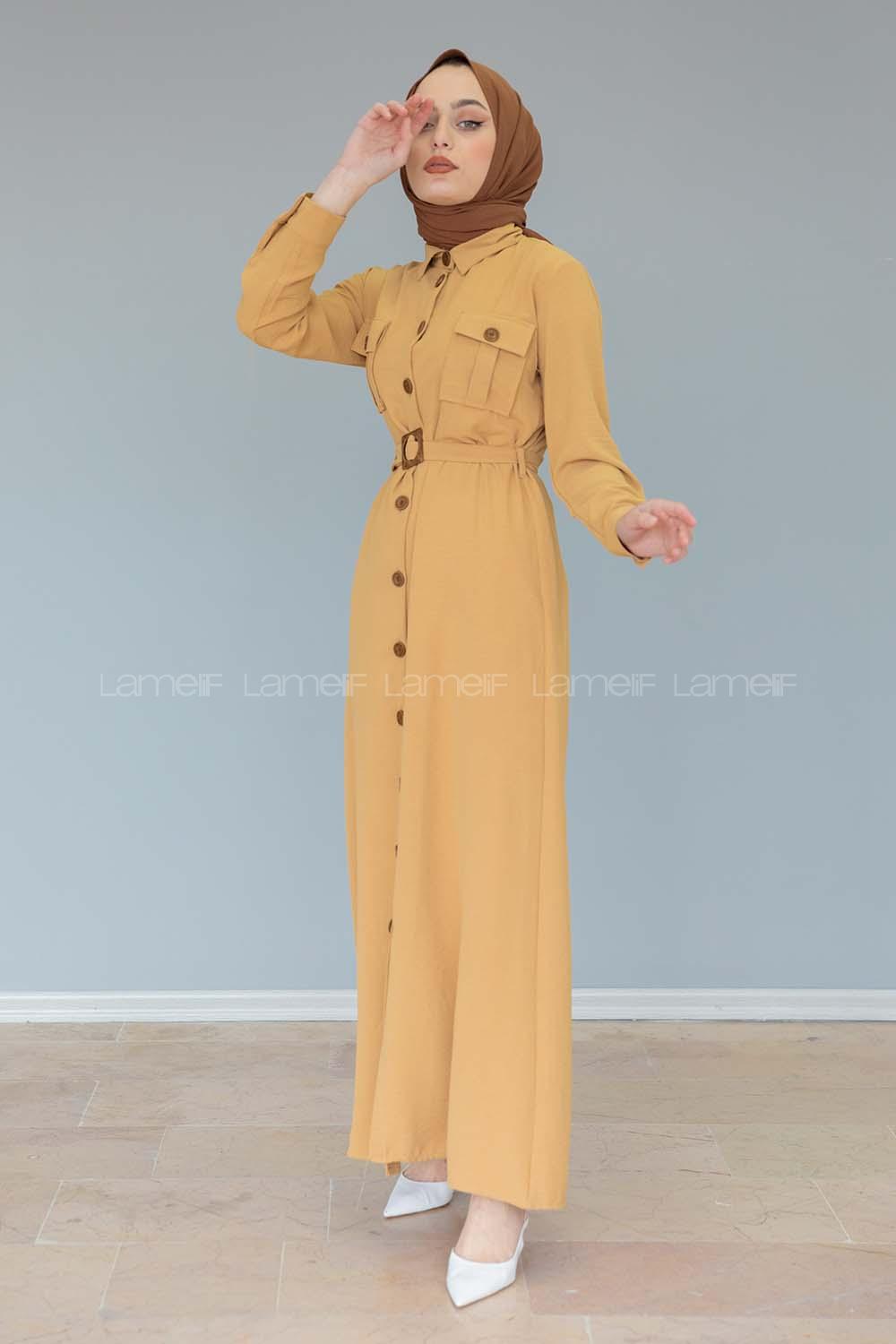Modalamelif Çift Cepli Kemerli Ayrobin Elbise Camel