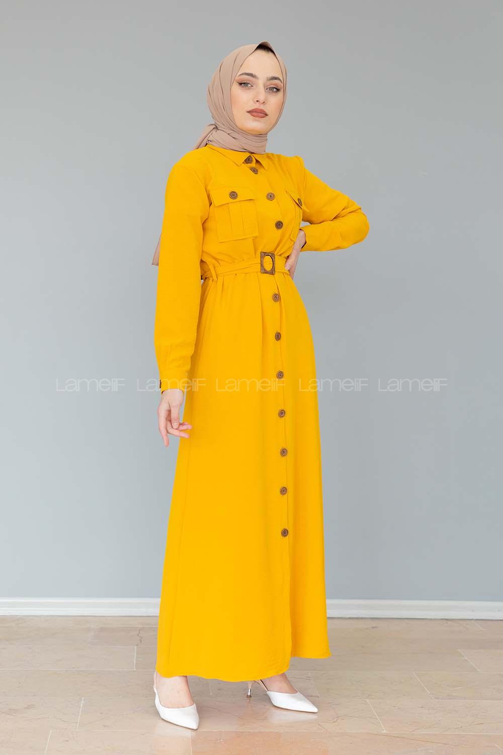 Modalamelif Çift Cepli Kemerli Ayrobin Elbise Hardal Sarısı