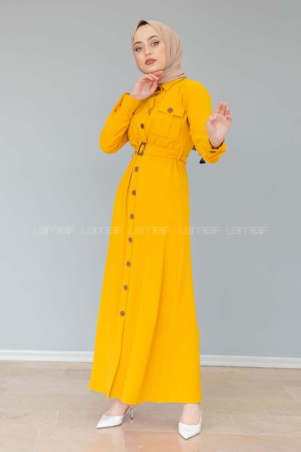 Modalamelif Çift Cepli Kemerli Ayrobin Elbise Hardal Sarısı