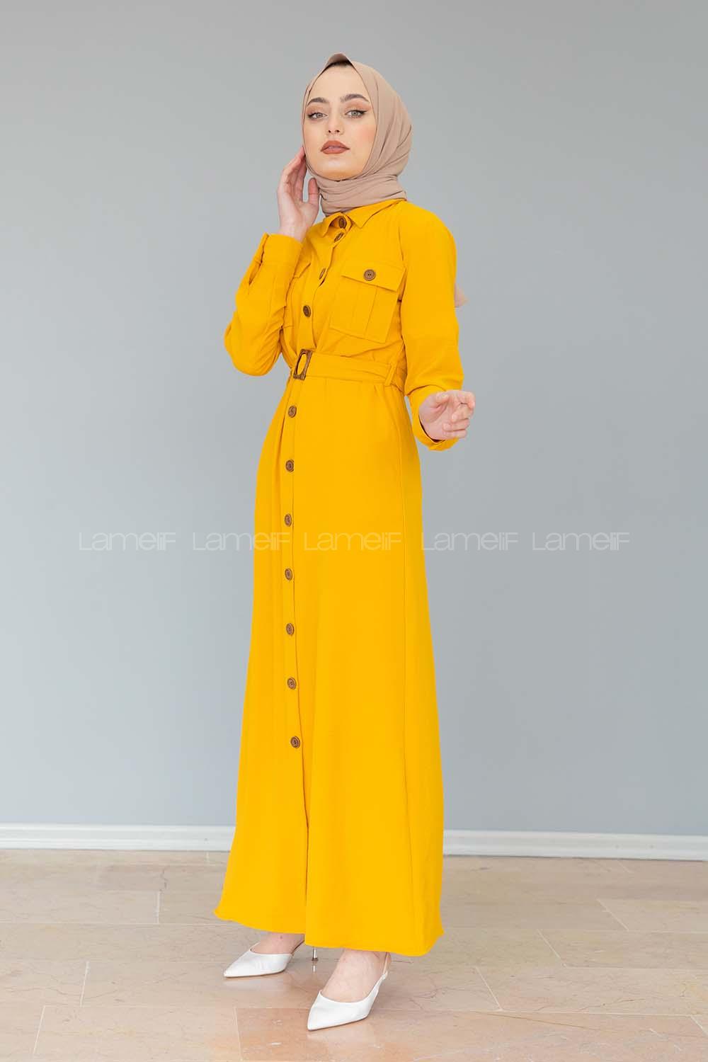Modalamelif Çift Cepli Kemerli Ayrobin Elbise Hardal Sarısı