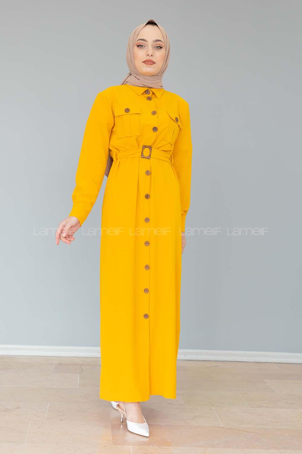 Modalamelif Çift Cepli Kemerli Ayrobin Elbise Hardal Sarısı