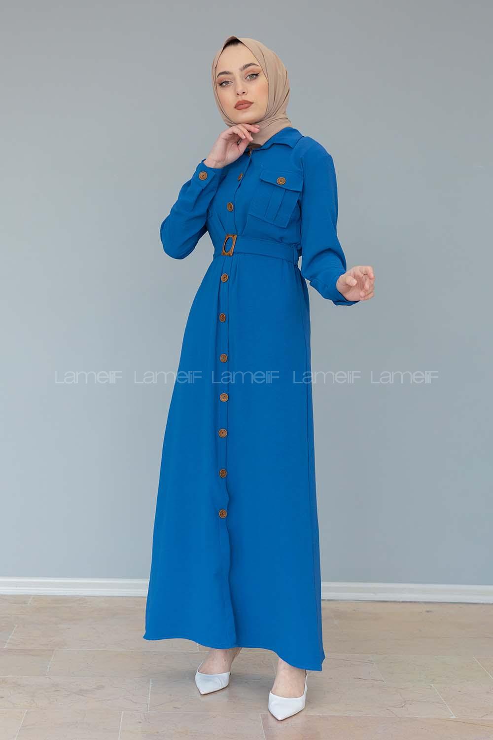 Modalamelif Çift Cepli Kemerli Ayrobin Elbise İndigo