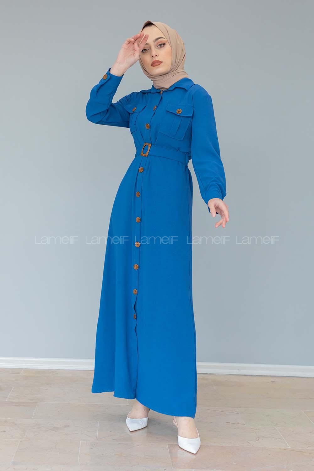 Modalamelif Çift Cepli Kemerli Ayrobin Elbise İndigo