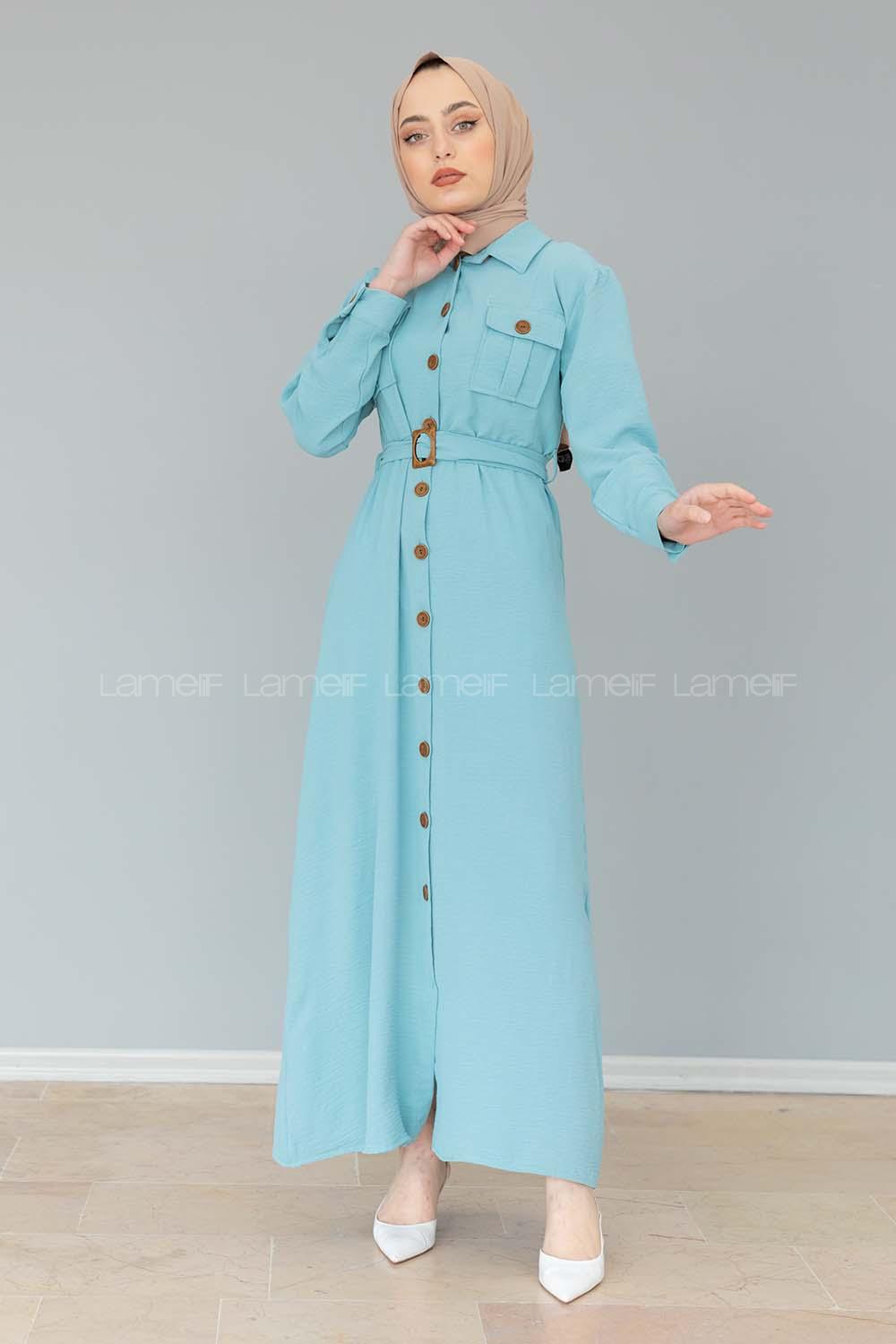 Modalamelif Çift Cepli Kemerli Ayrobin Elbise Mint