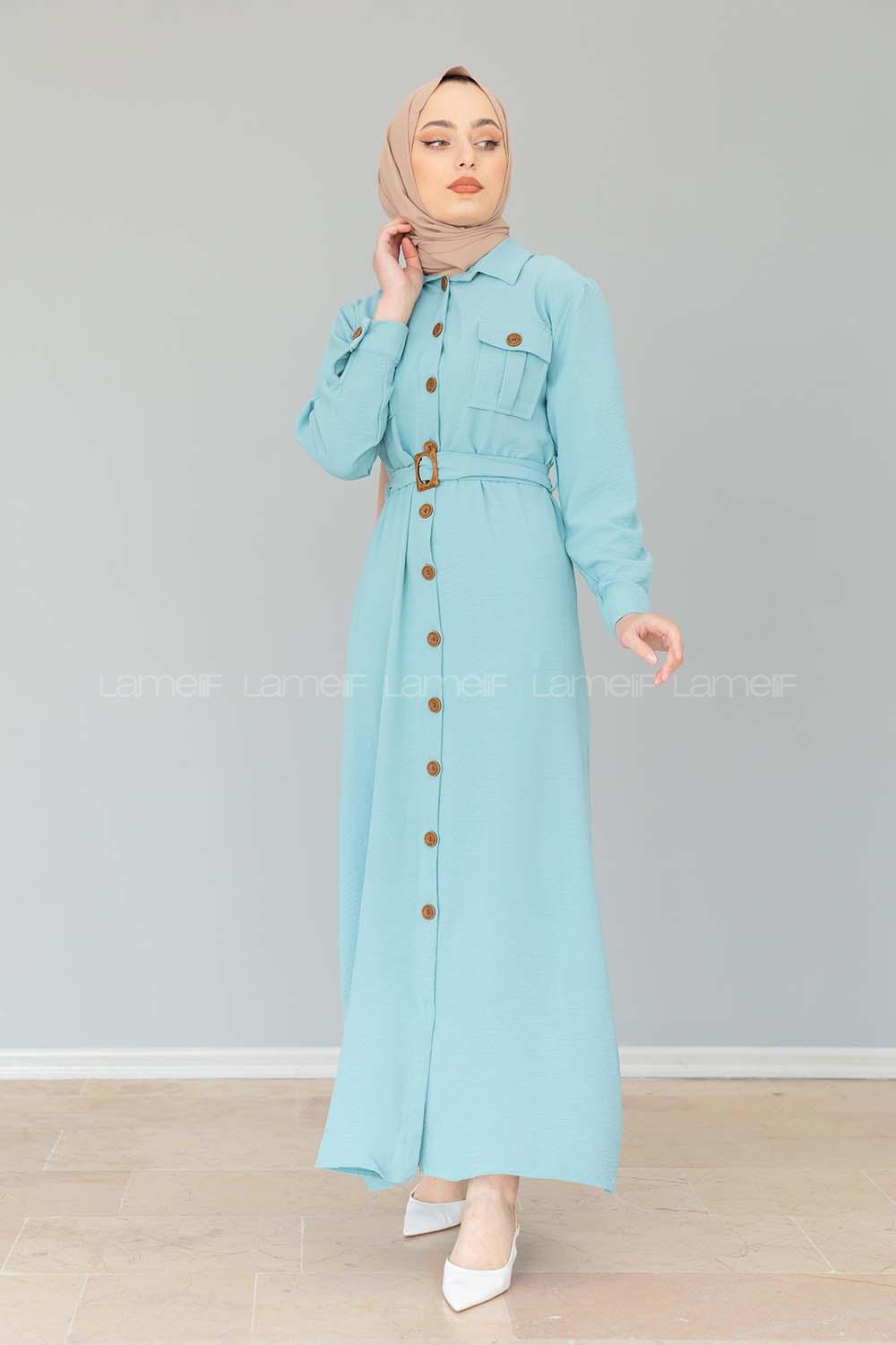 Modalamelif Çift Cepli Kemerli Ayrobin Elbise Mint