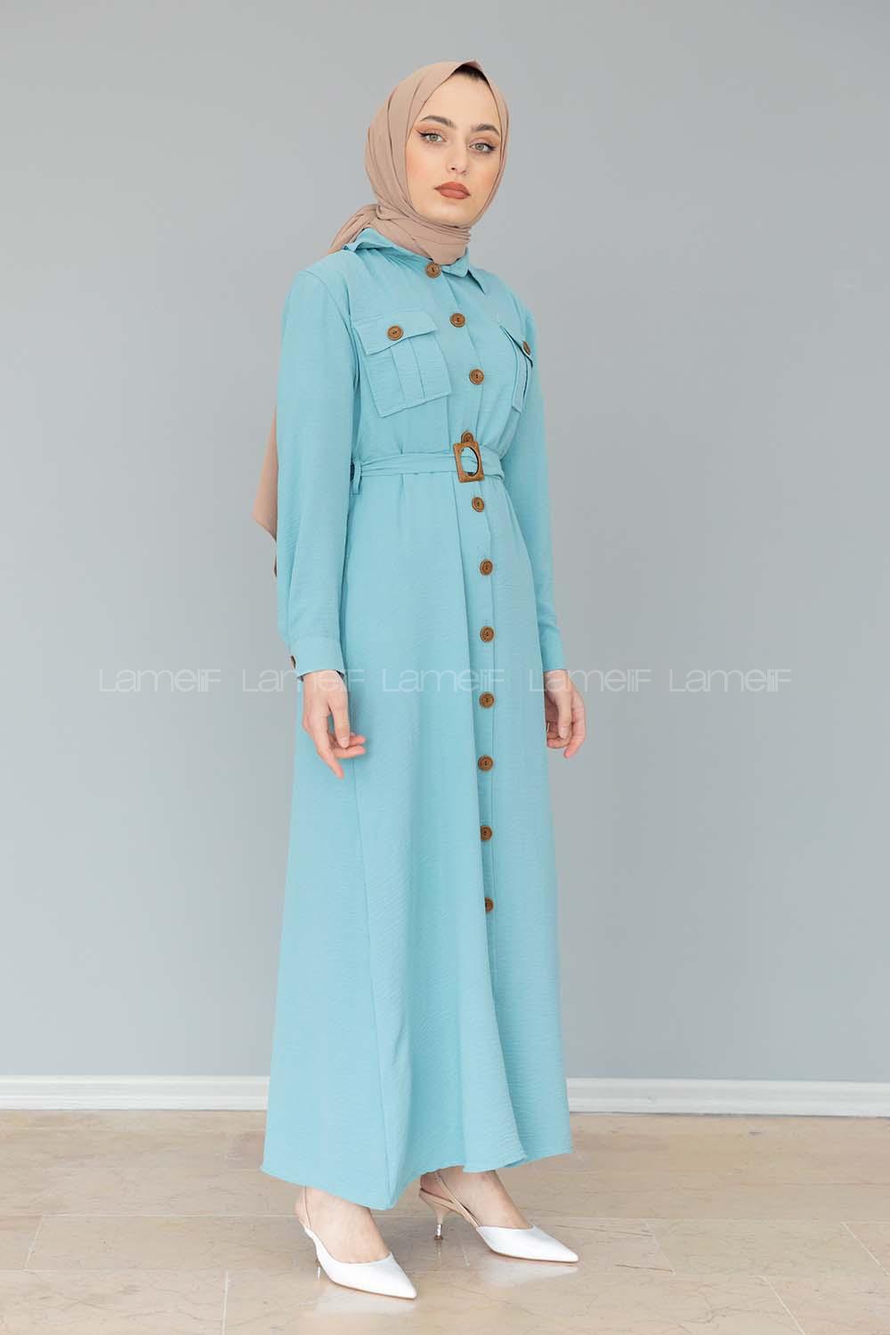 Modalamelif Çift Cepli Kemerli Ayrobin Elbise Mint