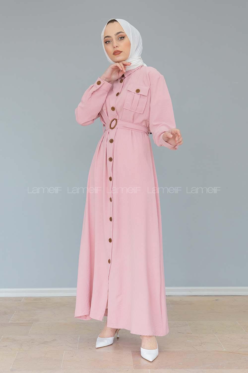 Modalamelif Çift Cepli Kemerli Ayrobin Elbise Pudra