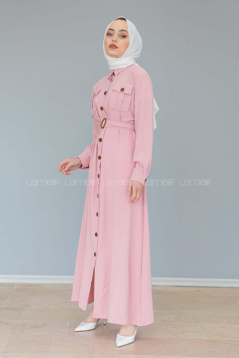 Modalamelif Çift Cepli Kemerli Ayrobin Elbise Pudra