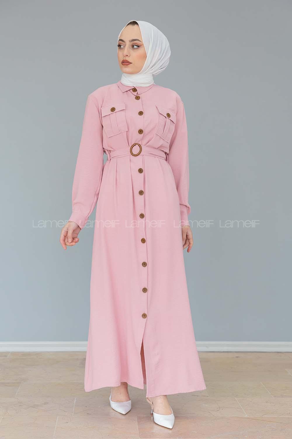 Modalamelif Çift Cepli Kemerli Ayrobin Elbise Pudra