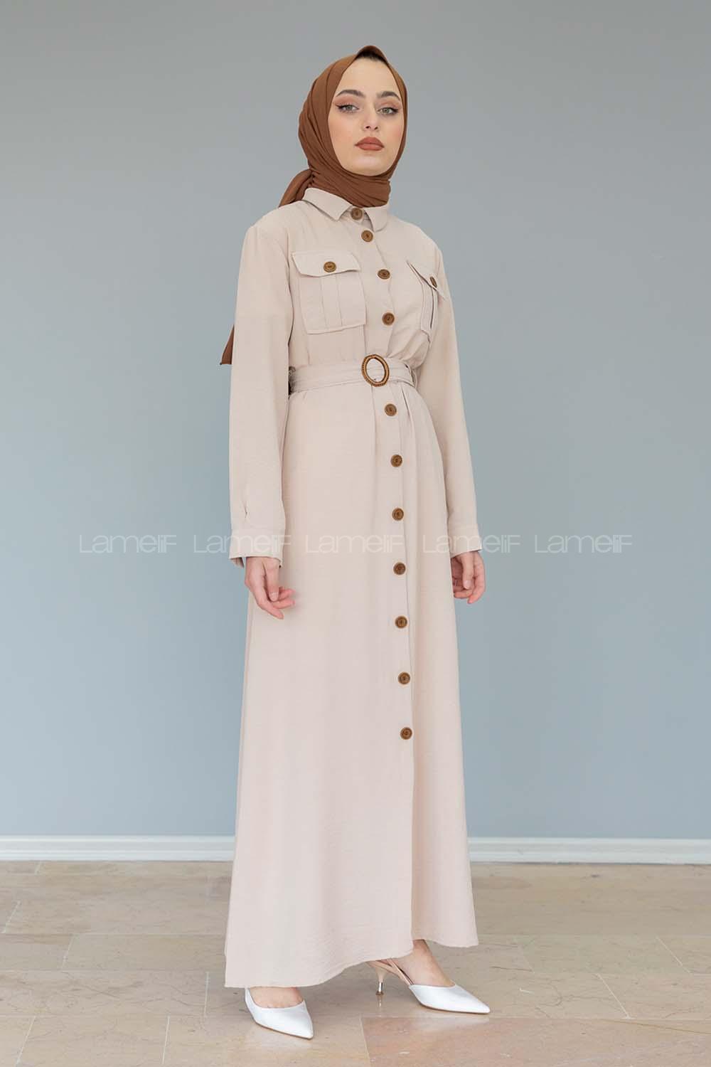 Modalamelif Çift Cepli Kemerli Ayrobin Elbise Taş