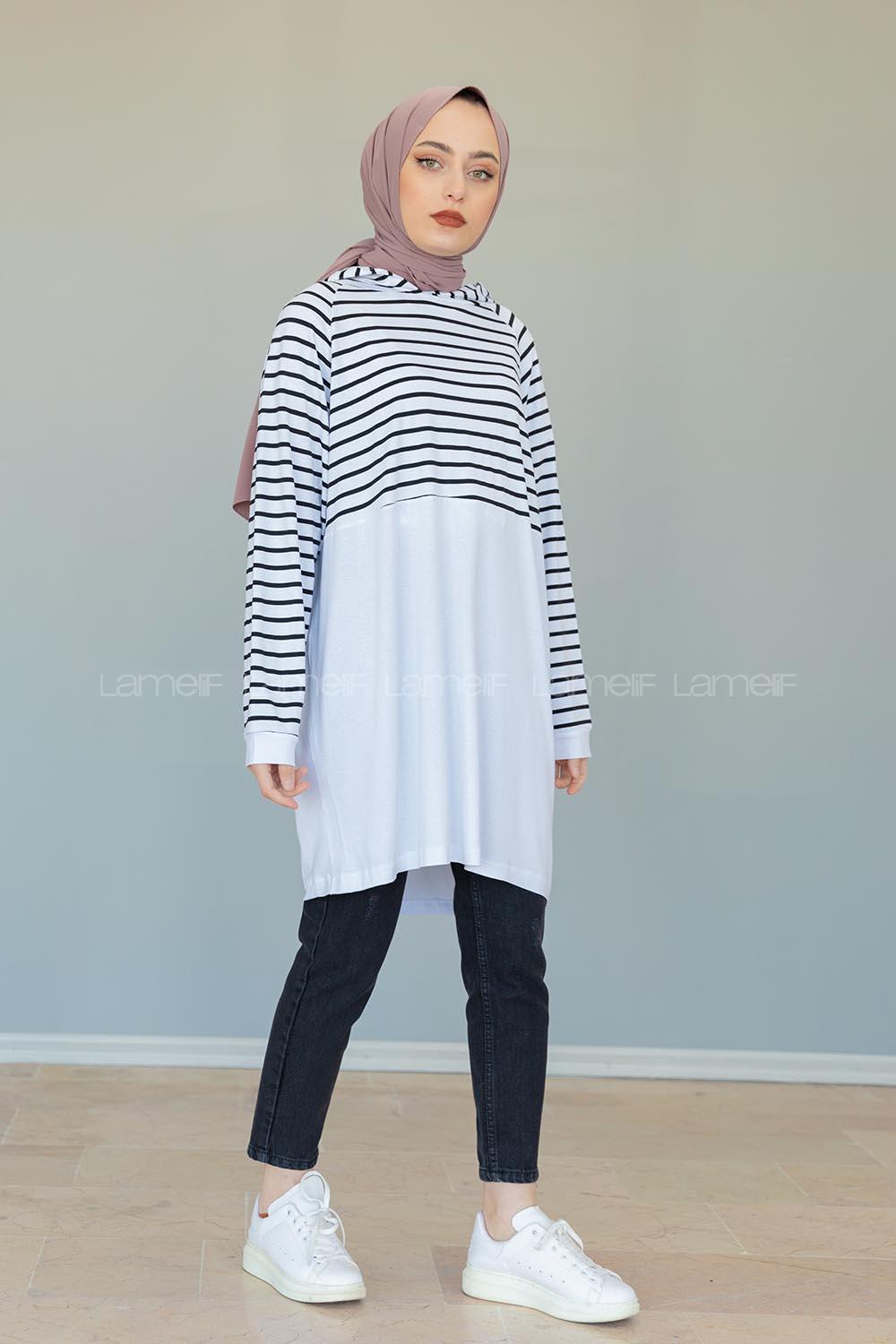 Modalamelif Çizgili Kapşonlu Tunik Beyaz Siyah
