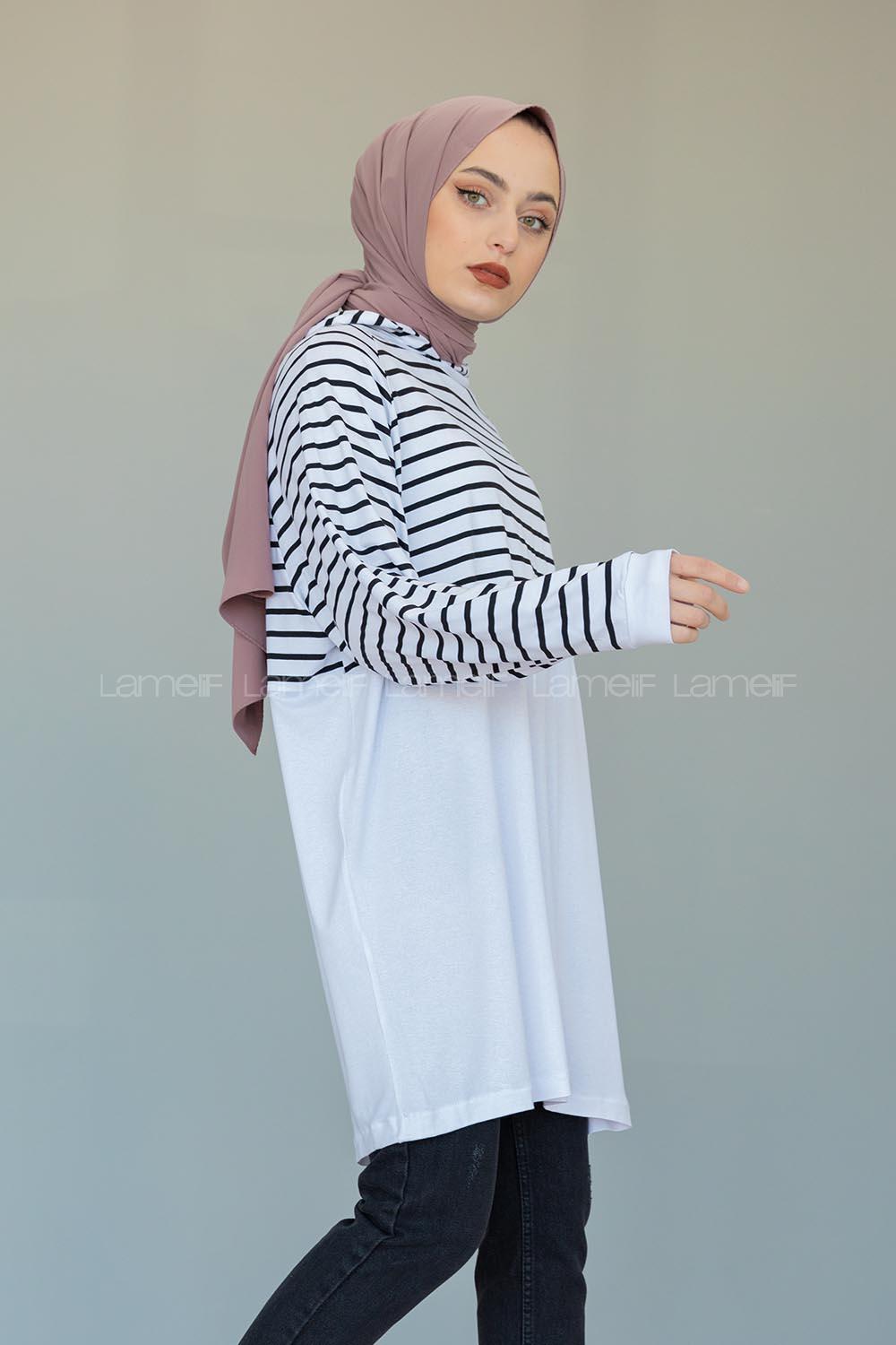 Modalamelif Çizgili Kapşonlu Tunik Beyaz Siyah