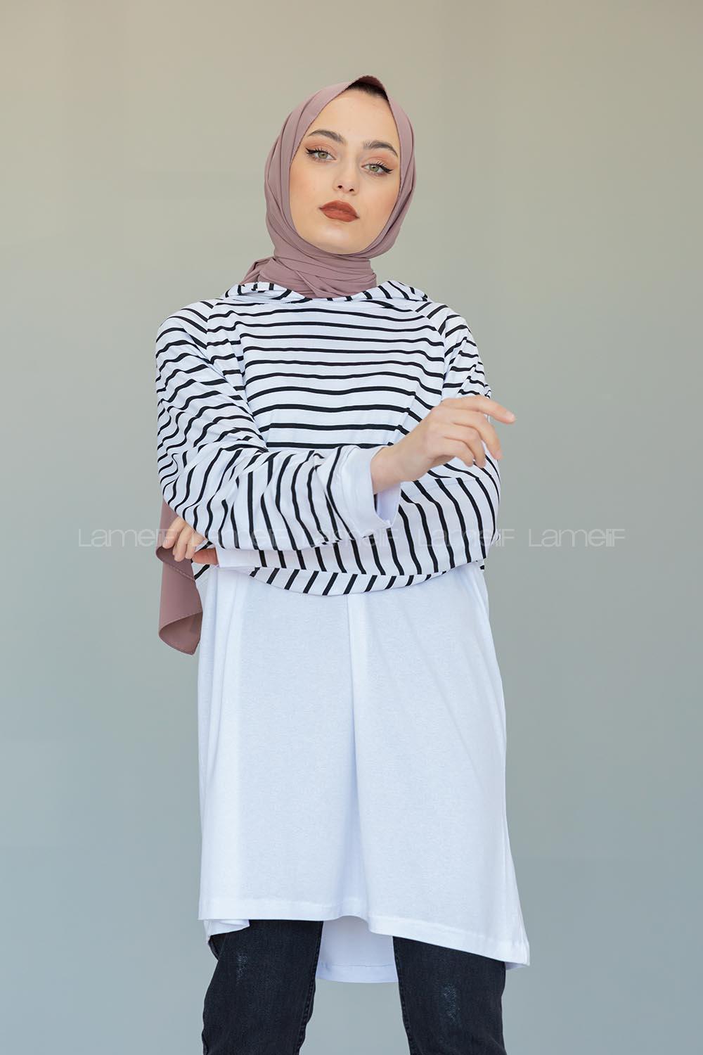 Modalamelif Çizgili Kapşonlu Tunik Beyaz Siyah