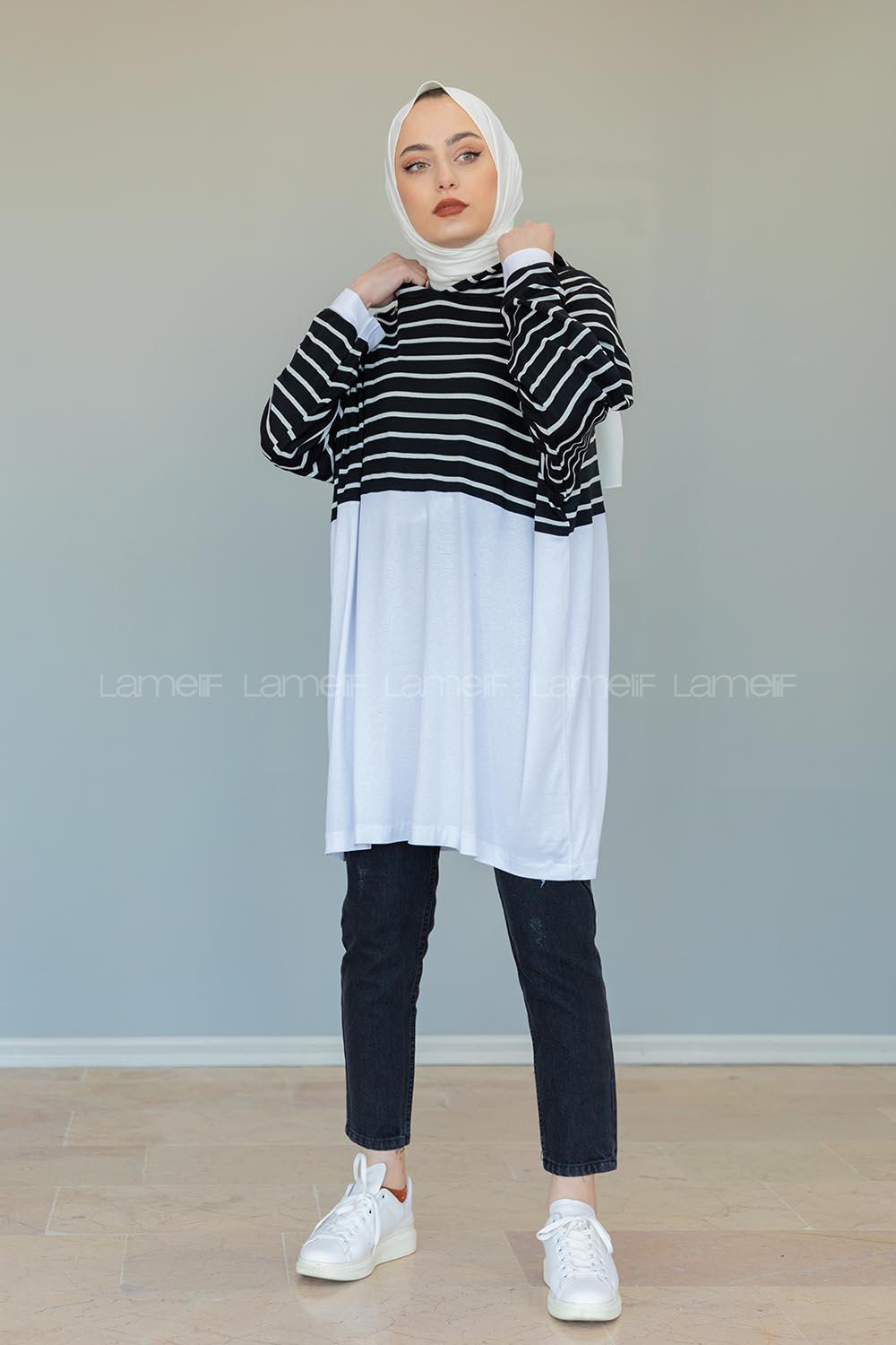 Modalamelif Çizgili Kapşonlu Tunik Siyah Beyaz
