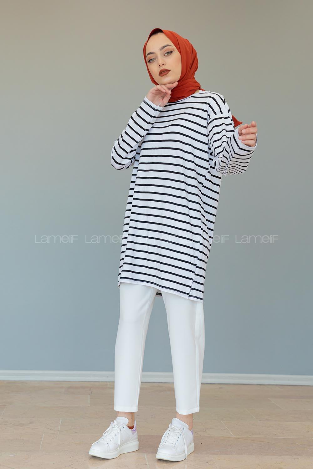 Modalamelif Çizgili Tunik Beyaz Siyah