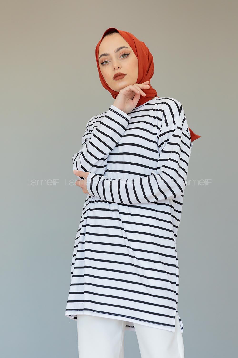 Modalamelif Çizgili Tunik Beyaz Siyah